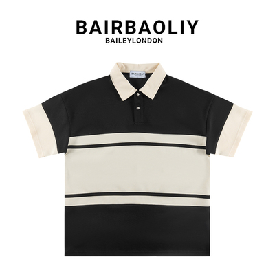 BAIRBAOLIY条纹宽松Polo衫2025春夏复古休闲拼色男士新款短袖上衣