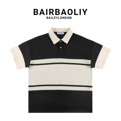 BAIRBAOLIY条纹宽松Polo衫2025春夏复古休闲拼色男士新款短袖上衣