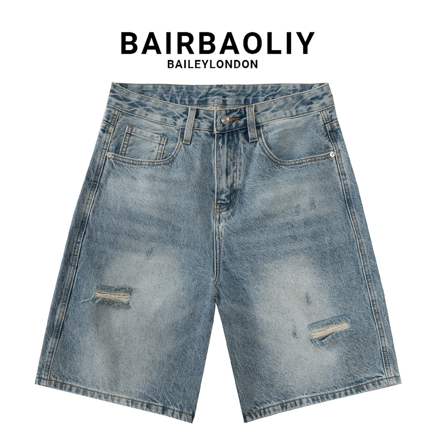 BAIRBAOLIY美式复古水洗做旧破洞牛仔短裤男夏季宽松直筒五分中裤