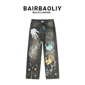 BAIRBAOLIY谢霆锋进化演唱会同款 男装 涂鸦泼墨牛仔裤 微宽松直筒裤