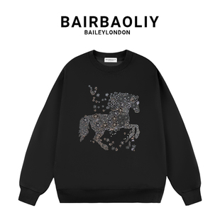 BAIRBAOLIY2025秋冬新款轻奢高品重工艺战马烫钻时尚休闲圆领卫衣
