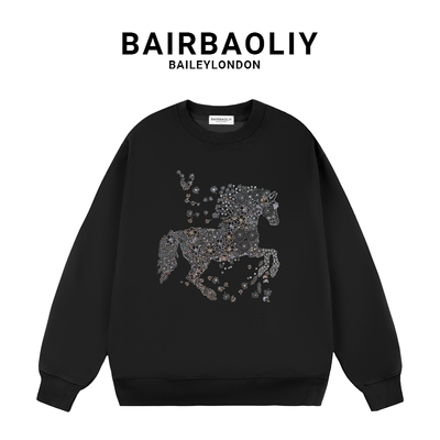 BAIRBAOLIY2025秋冬新款轻奢高品重工艺战马烫钻时尚休闲圆领卫衣