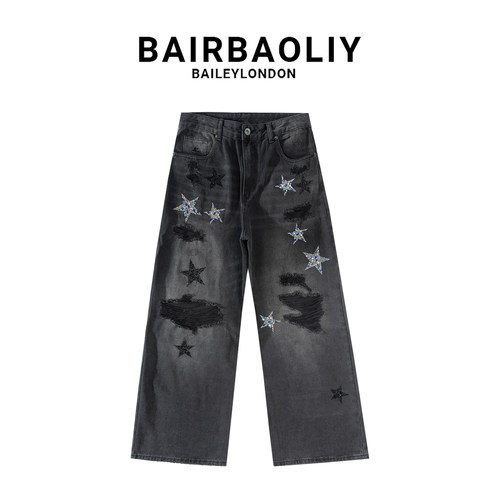 BAIRBAOLIY高端设计款闪钻星星宽松破洞直筒牛仔裤轻奢休闲长裤男