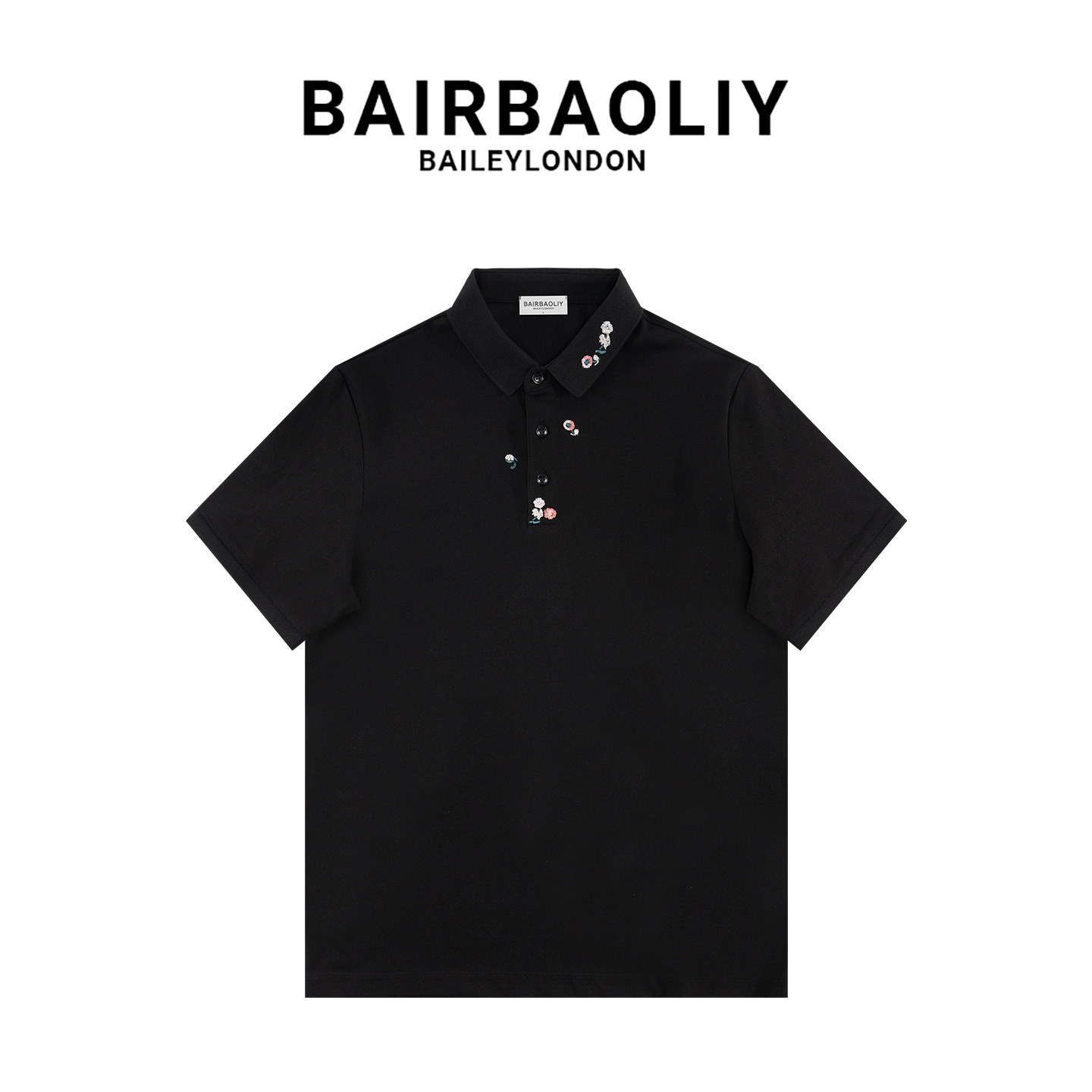 BAIRBAOLIY夏季新款潮流花卉刺绣翻领男士短袖POLO衫修身休闲百搭