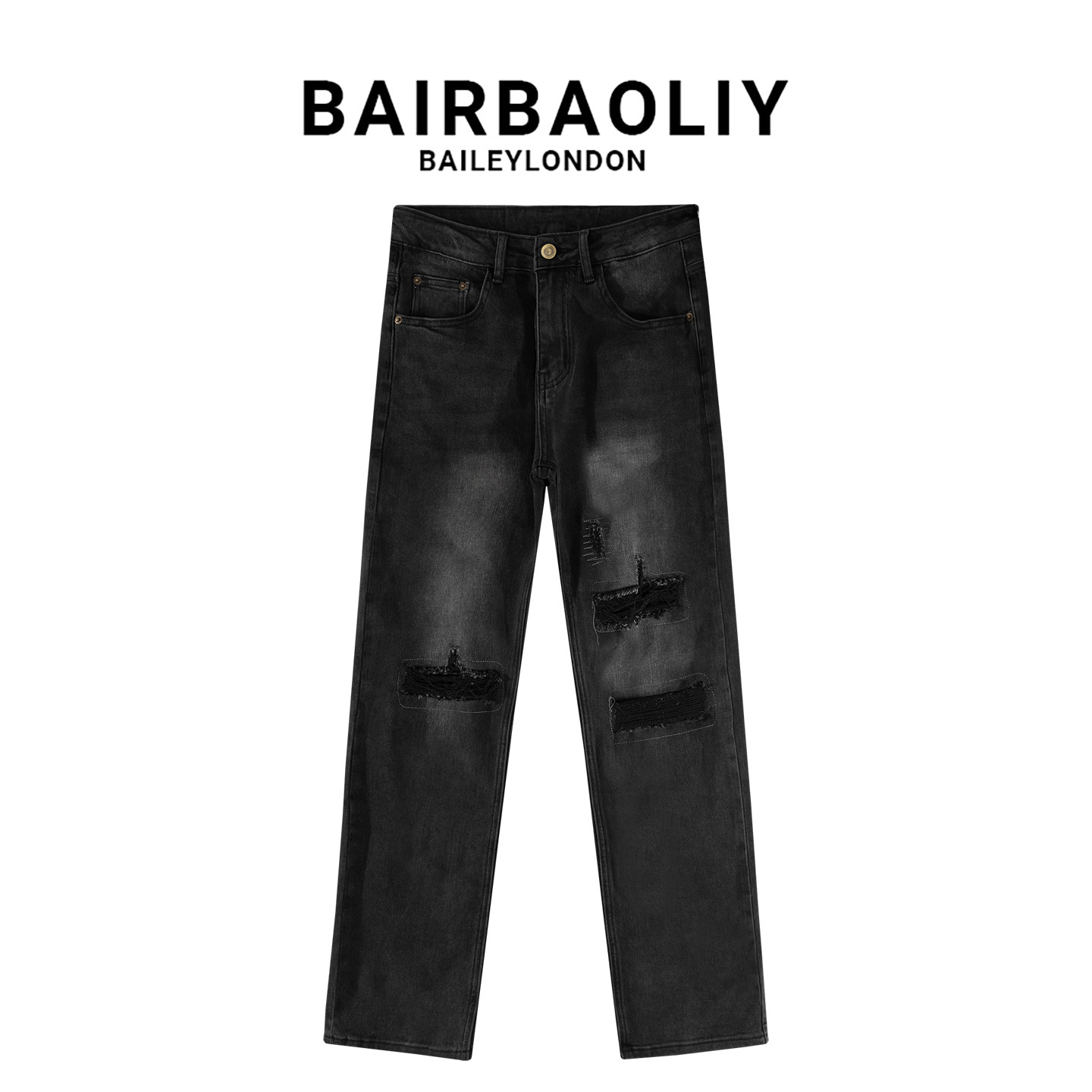 BAIRBAOLIY个性时尚破洞直筒牛仔裤潮牌美式潮酷百搭痞帅休闲长裤