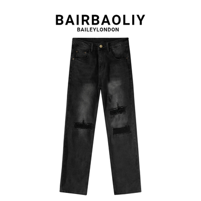 BAIRBAOLIY个性时尚破洞直筒牛仔裤潮牌美式潮酷百搭痞帅休闲长裤