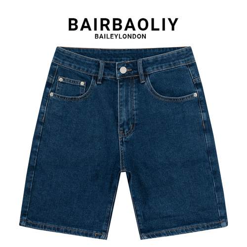 BAIRBAOLIY经典水洗深蓝美式复古极简高级夏季薄款牛仔五分短裤男