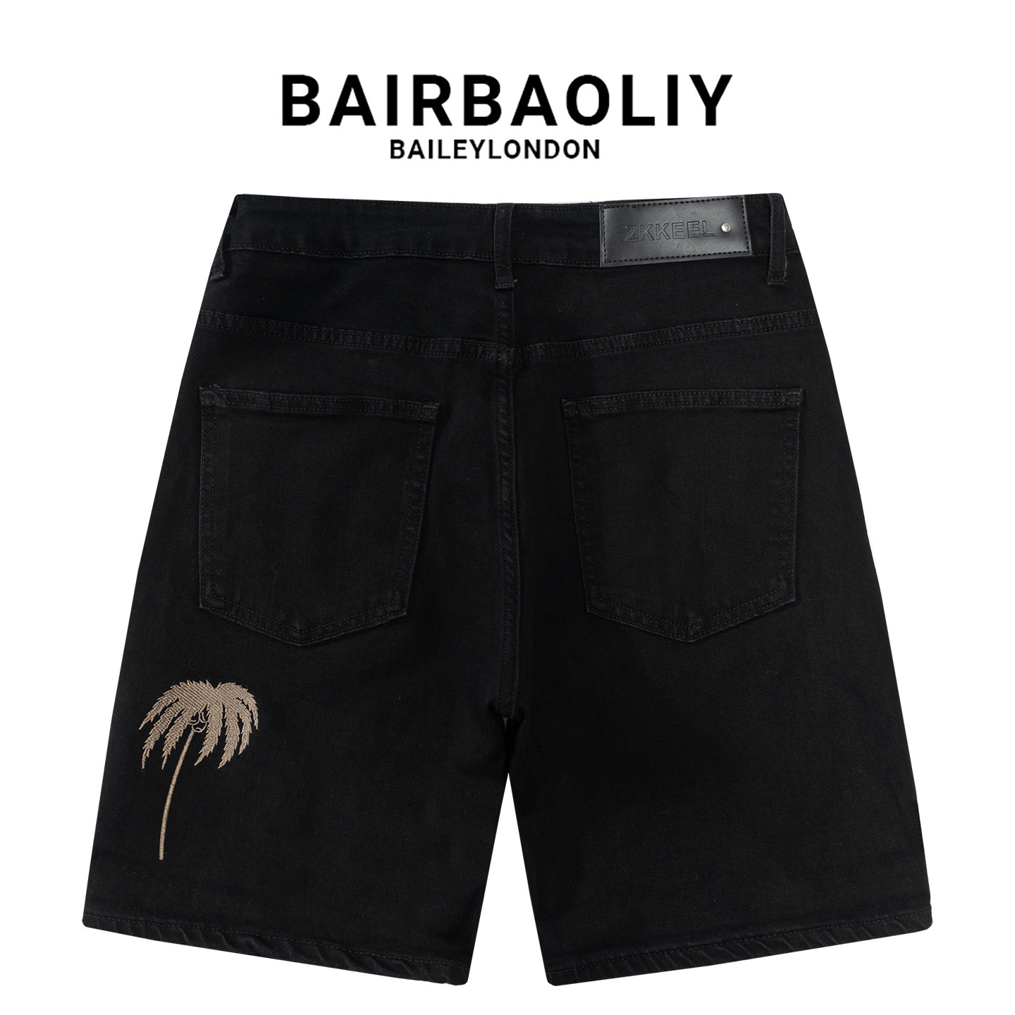 BAIRBAOLIY潮牌设计感椰树刺绣牛仔短裤夏季男士休闲直筒五分中裤