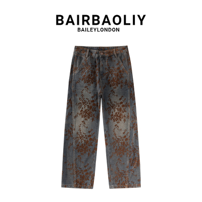 BAIRBAOLIY欧潮轻奢提花牛仔裤男秋冬绒感复古休闲宽松直筒弯刀裤