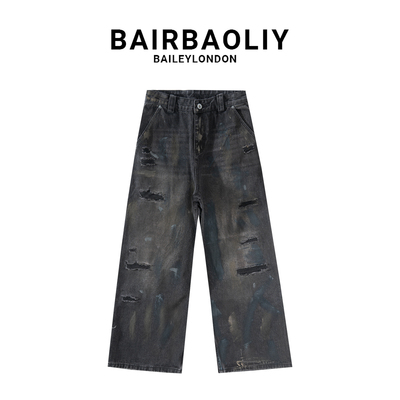BAIRBAOLIY高奢复古擦色涂鸦破洞设计高街牛仔裤直筒宽松休闲长裤