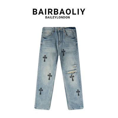 BAIBAOLIY十字架轻奢直筒破洞宽松牛仔裤男美式高街复古潮流长裤