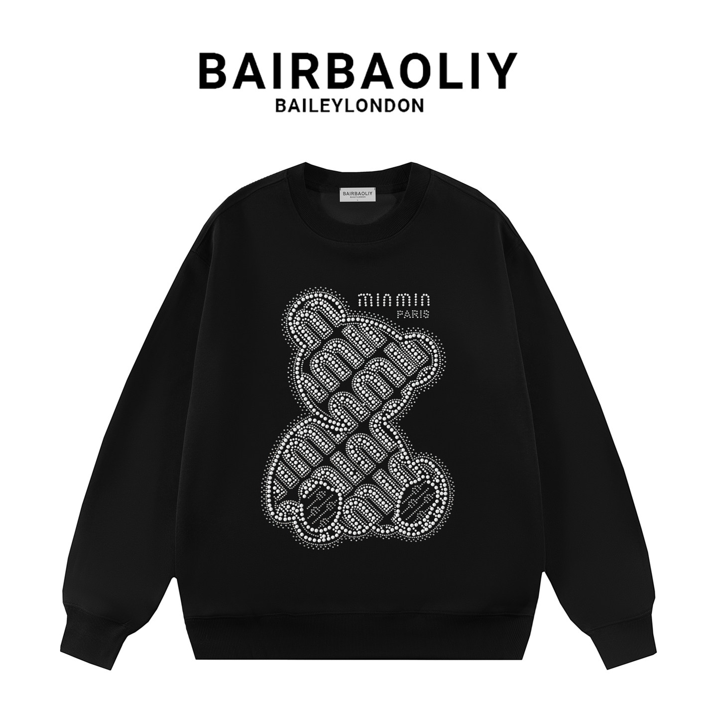 BAIRBAOLIY潮牌重工艺小熊珍珠闪钻长袖卫衣男女秋冬新款休闲上衣