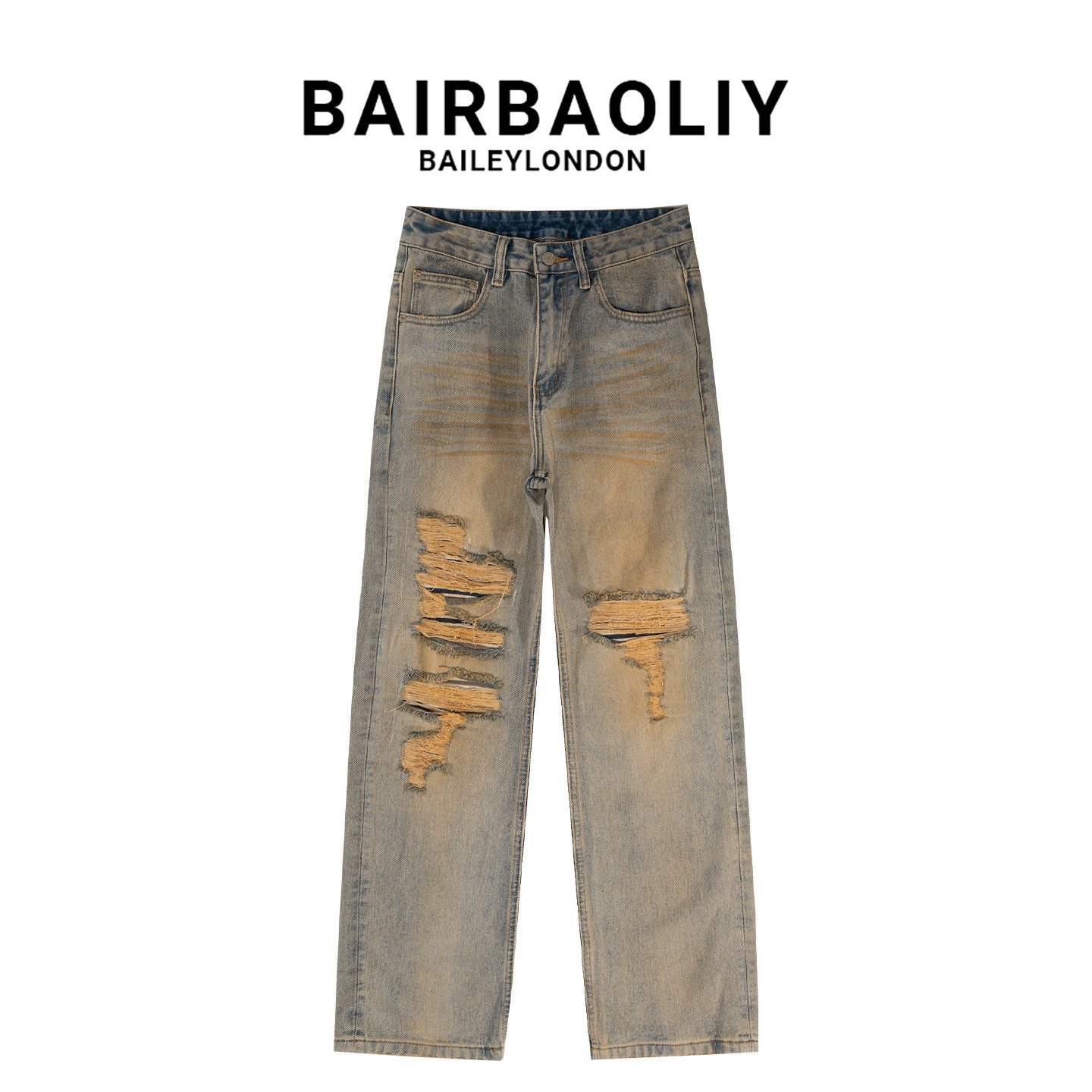 BAIRBAOLIY重磅美式高街复古做旧直筒脏脏裤宽松潮奢设计感牛仔裤