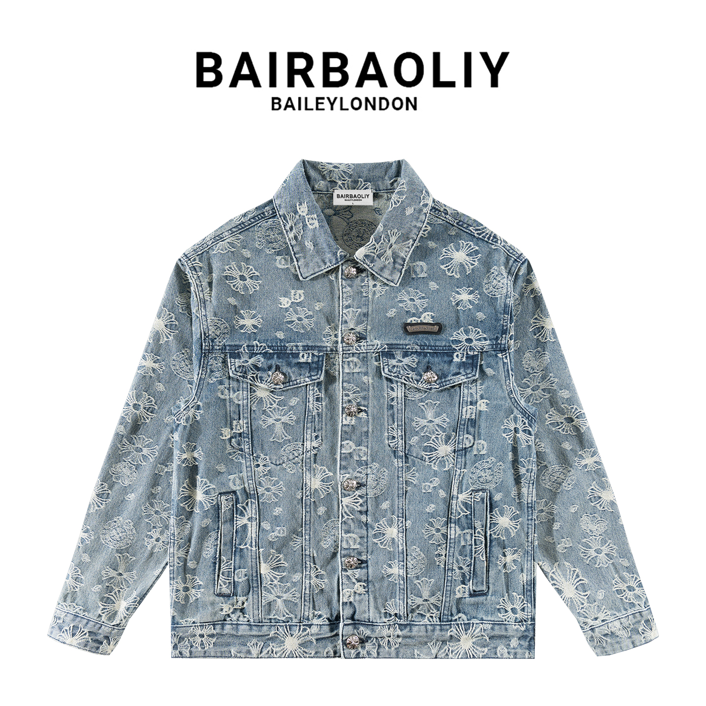 BAIRBAOLIY美式潮牌重工高品质提花满印十字架牛仔夹克外套上衣男