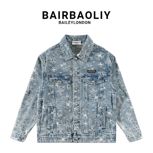 BAIRBAOLIY美式潮牌重工高品质提花满印十字架牛仔夹克外套上衣男