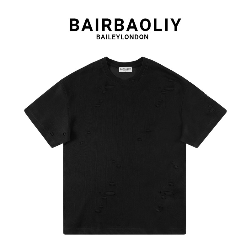 BAIRBAOLIY重磅破洞短袖T恤情侣纯色设计感潮流新款上衣2025春夏