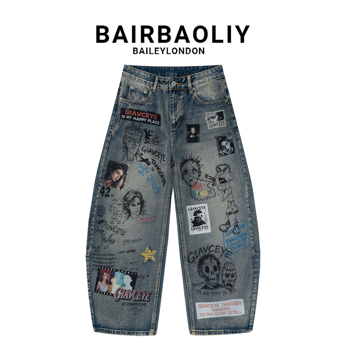 BAIRBAOLIY朋克涂鸦宽松牛仔裤