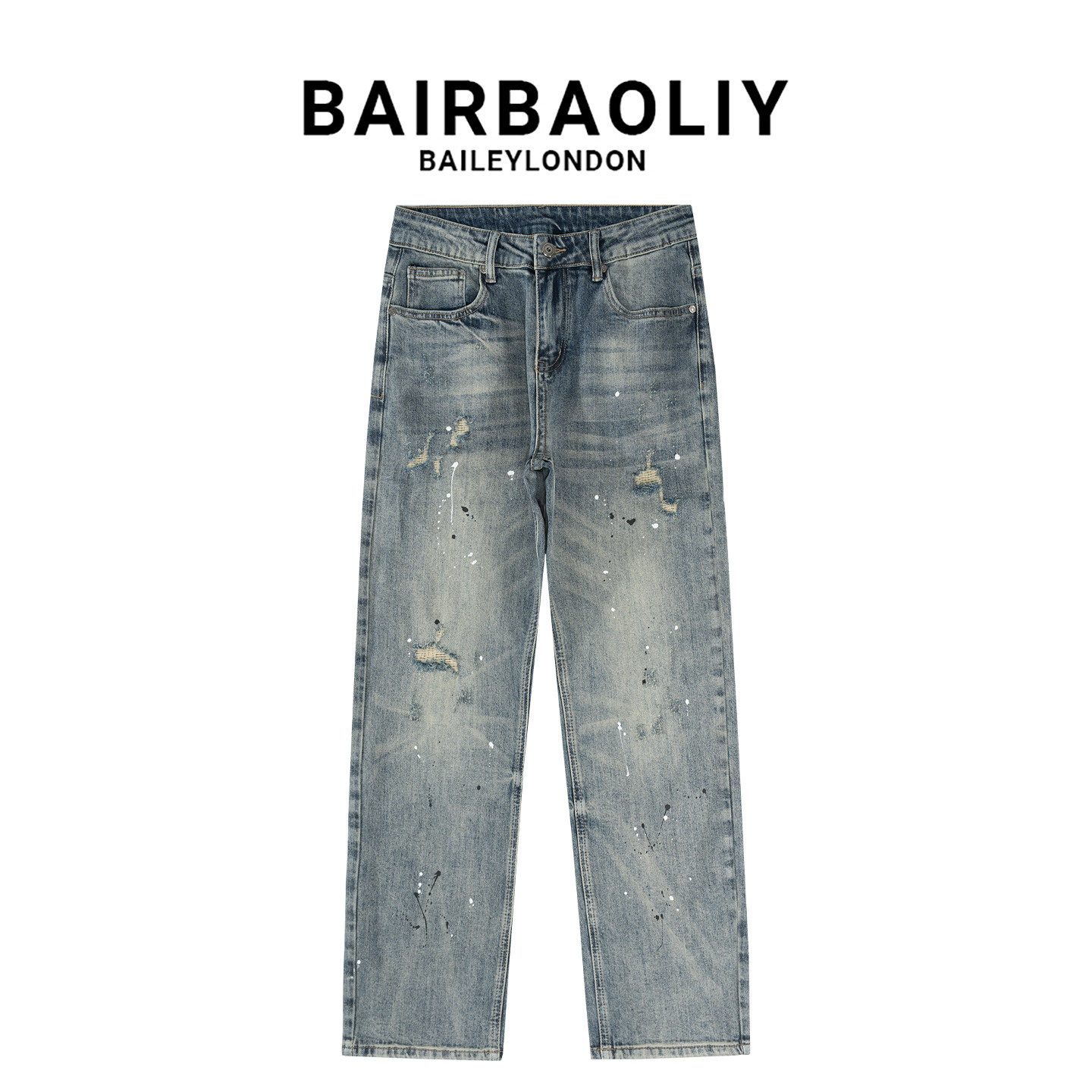 BAIRBAOLIY美式潮牌痞帅泼墨破洞直筒牛仔裤男款夏季直筒休闲长裤