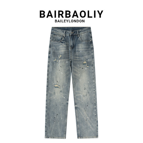 BAIRBAOLIY美式潮牌痞帅泼墨破洞直筒牛仔裤男款夏季直筒休闲长裤