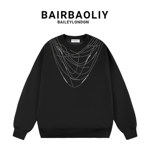 BAIRBAOLIY秋冬新款仿真项链圆领烫钻卫衣轻奢潮流百搭长袖上衣男