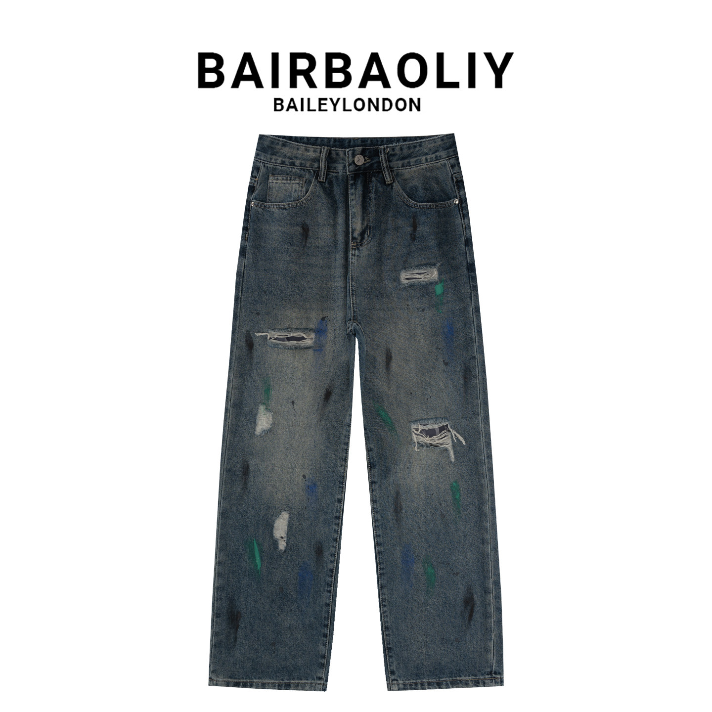 BAIRBAOLIY薄款夏季小众设计感泼墨破洞牛仔裤复古蓝做旧直筒长裤