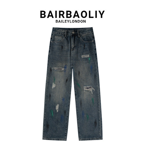 BAIRBAOLIY薄款夏季小众设计感泼墨破洞牛仔裤复古蓝做旧直筒长裤