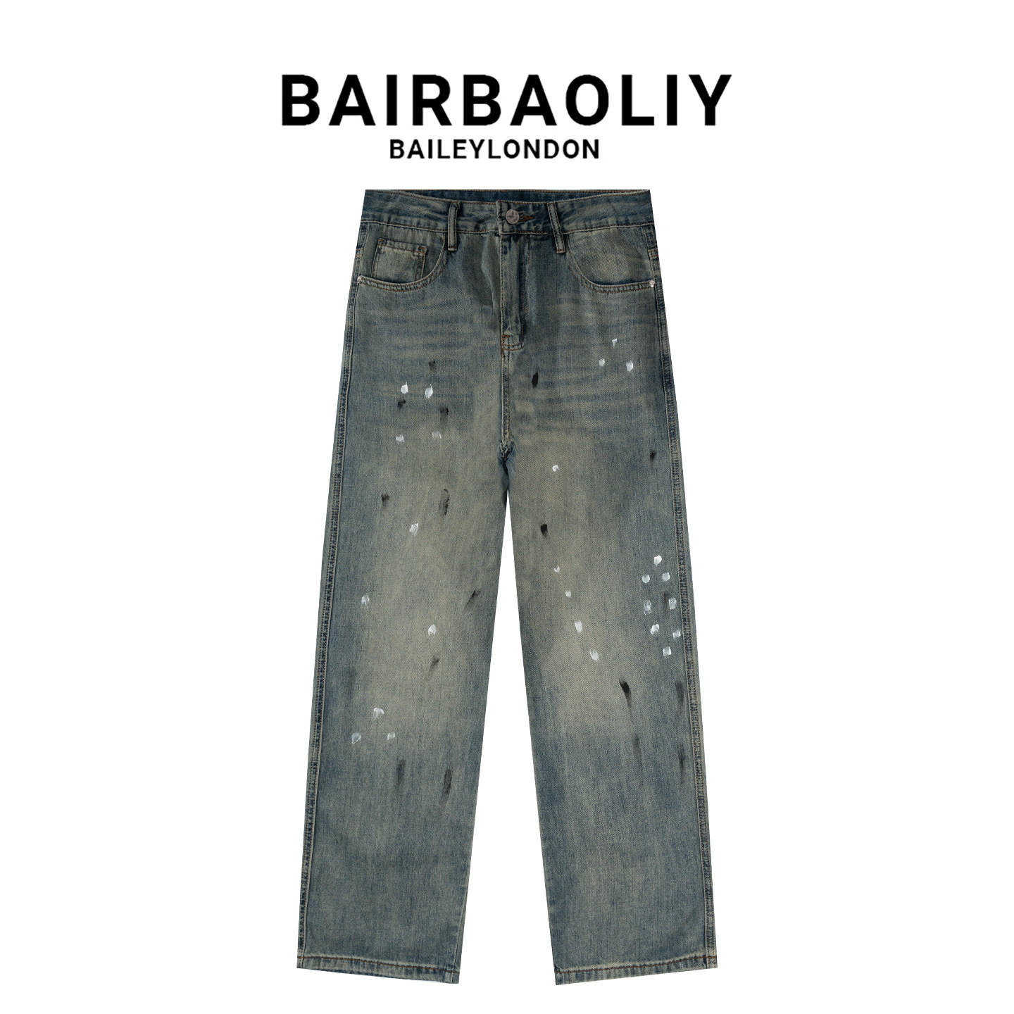 BAIRBAOLIY夏装男士美式街头复古泼墨水洗薄款宽松直筒阔腿牛仔裤