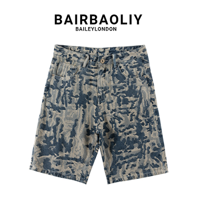 BAIRBAOLIY美式潮流轻奢时尚提花牛仔短裤男纯棉新款春夏迷彩中裤
