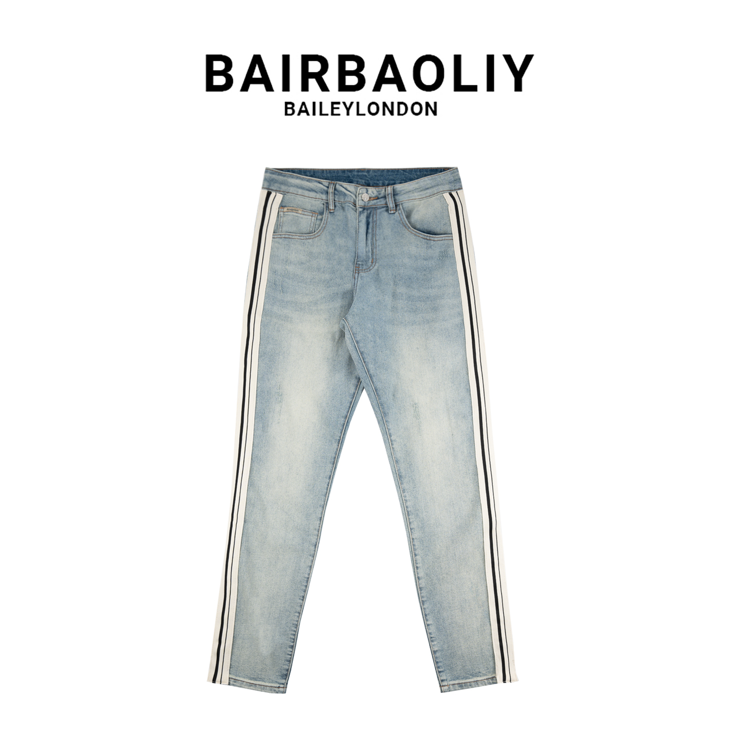 BAIRBAOLIY美式怀旧复古长裤水洗做旧条纹点缀直筒修身男款牛仔裤