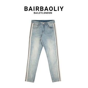 BAIRBAOLIY美式怀旧复古长裤水洗做旧条纹点缀直筒修身男款牛仔裤