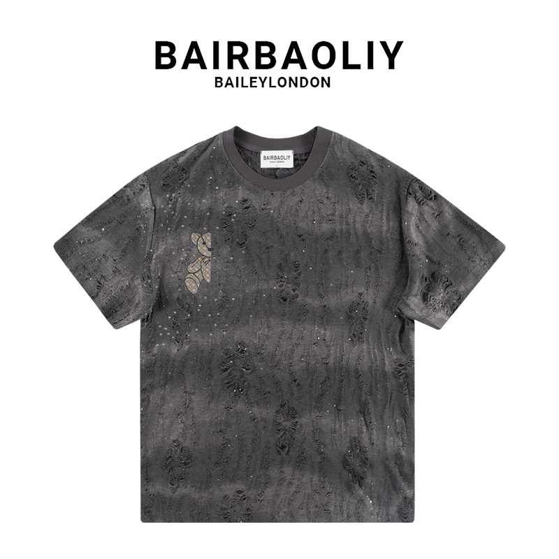 BAIRBAOLIY小熊满天星渐变亮片高街短袖T恤春夏轻奢烫钻破洞上衣