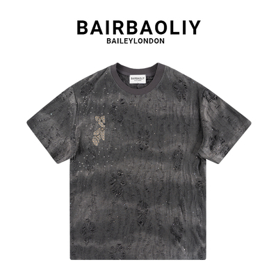 BAIRBAOLIY小熊满天星渐变亮片高街短袖T恤春夏轻奢烫钻破洞上衣