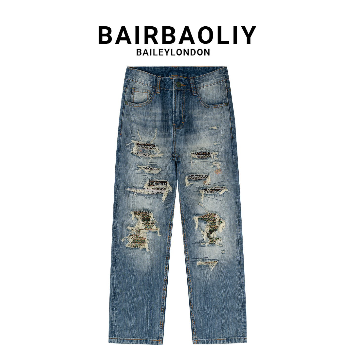 BAIRBAOLIY2026春夏季新款美式怀旧直筒高街破洞宽松哈伦牛仔裤男