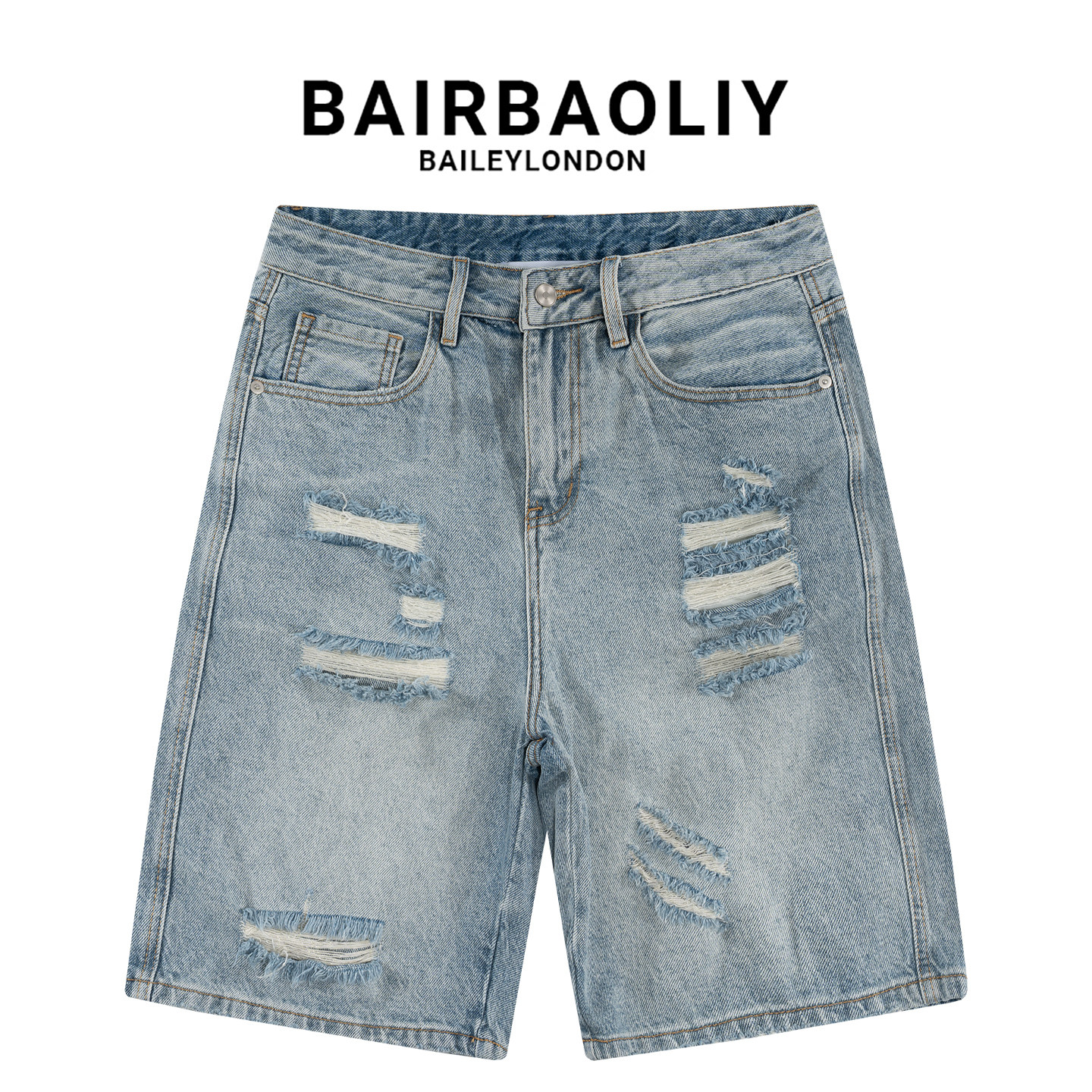 BAIRBAOLIY男士夏季美式做旧破洞宽松直筒休闲百搭牛仔五分短裤子