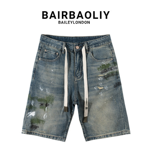 BAIRBAOLIY潮流高端系带复古牛仔短裤春夏油漆泼墨风小众新款中裤
