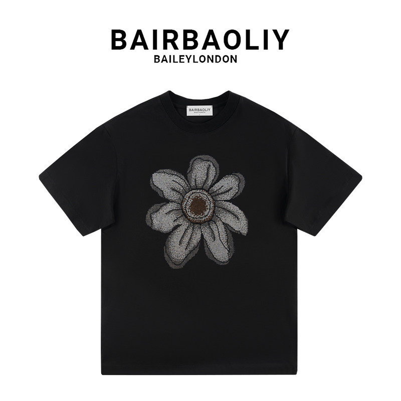 BAIRBAOLIY潮牌重工花朵短袖ins春夏新款轻奢百搭情侣烫钻T恤上衣