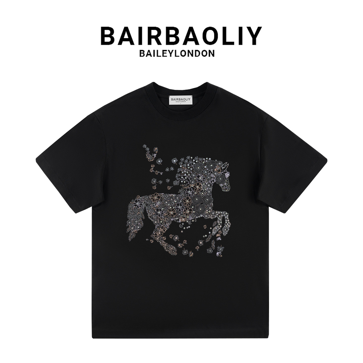 BAIRBAOLIY高端欧货潮牌重工战马烫钻短袖T恤男轻奢高品休闲上衣