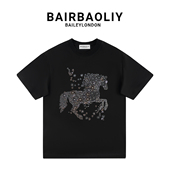 BAIRBAOLIY高端欧货潮牌重工战马烫钻短袖 T恤男轻奢高品休闲上衣
