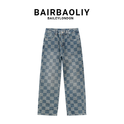 BAIRBAOLIY美式提花轻奢质感长裤男2025新款棋盘格直筒休闲牛仔裤