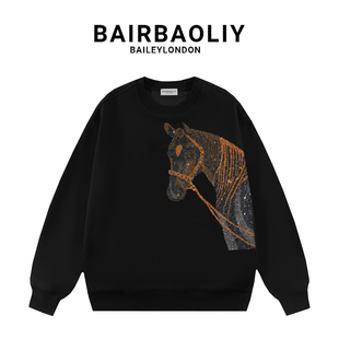 BAIRBAOLIY潮牌高奢满钻3D立体骏马卫衣轻奢时尚百搭痞帅长袖上衣