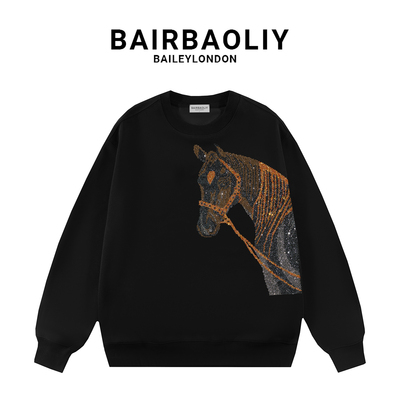 BAIRBAOLIY潮牌高奢满钻3D立体骏马卫衣轻奢时尚百搭痞帅长袖上衣