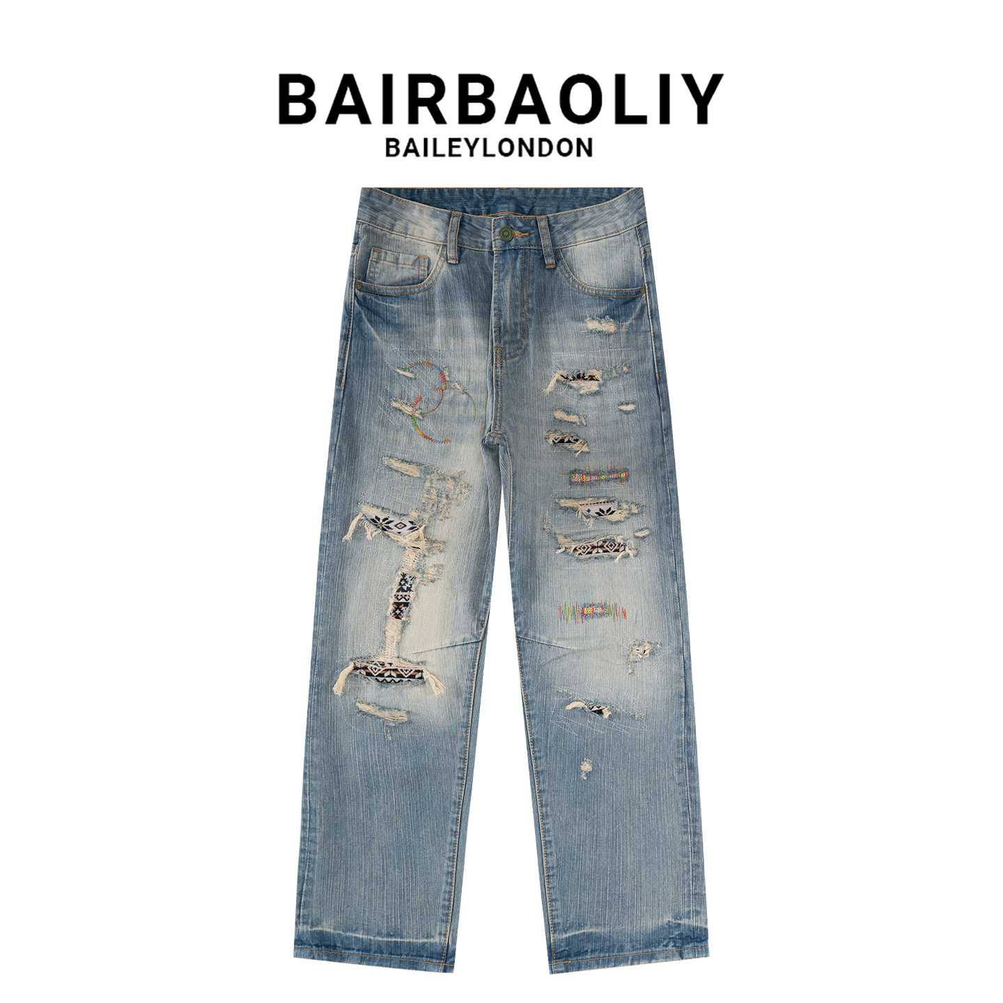 BAIRBAOLIY夏季薄款美式怀旧补丁破洞潮酷休闲百搭宽松哈伦牛仔裤