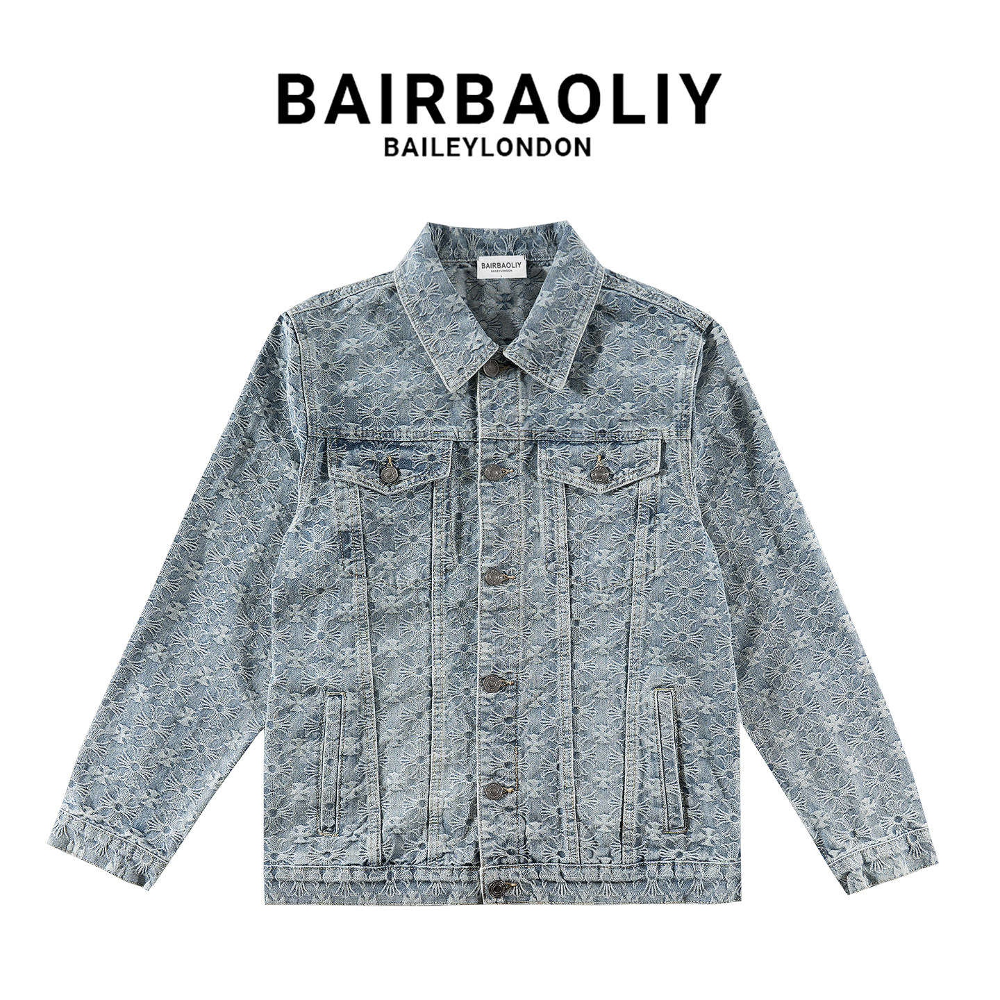 BAIRBAOLIY高端潮牌新款轻奢十字架提花高级复古痞帅时尚牛仔夹克