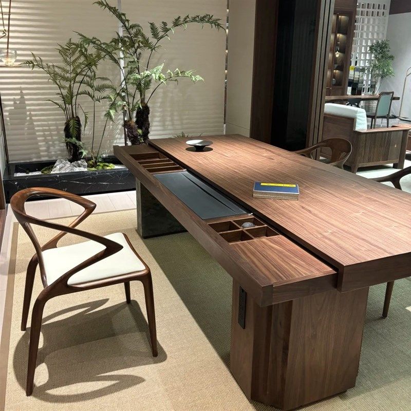 新中式北美黑胡桃木茶桌椅组合现代简约轻N奢家用实木茶室泡茶桌