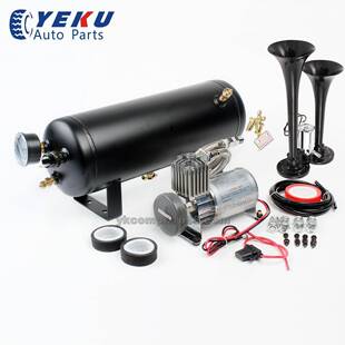 汽车改装气泵带2两管黑色喇叭不锈钢空压机/12V车载充气泵热销