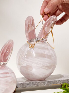 粉色琉璃水晶玻璃工艺品小兔子摆件网红女孩房间桌面装饰品 礼物