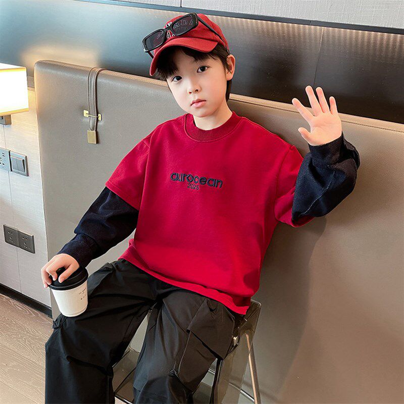 男女童洋气假两件拼接卫衣春秋款儿童宽松纯棉打底衫长袖T恤上衣