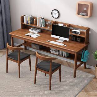 双人实木书桌书架一体写字桌学生家用卧室学习桌靠窗长条办公桌子