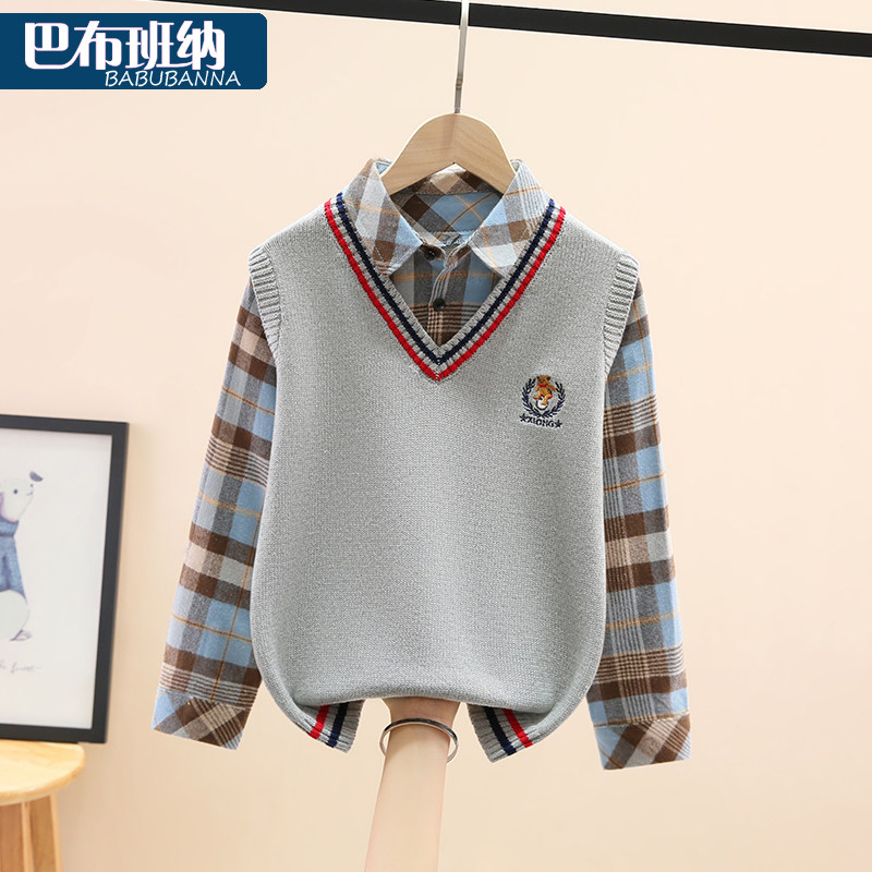 男童毛衣假两件2023新款大童针织衫纯棉男孩内搭毛衣加绒加厚童装