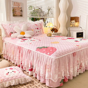 秋冬可爱卡通水晶绒床裙单件夹棉床单牛奶珊瑚绒床围裙三件套床罩